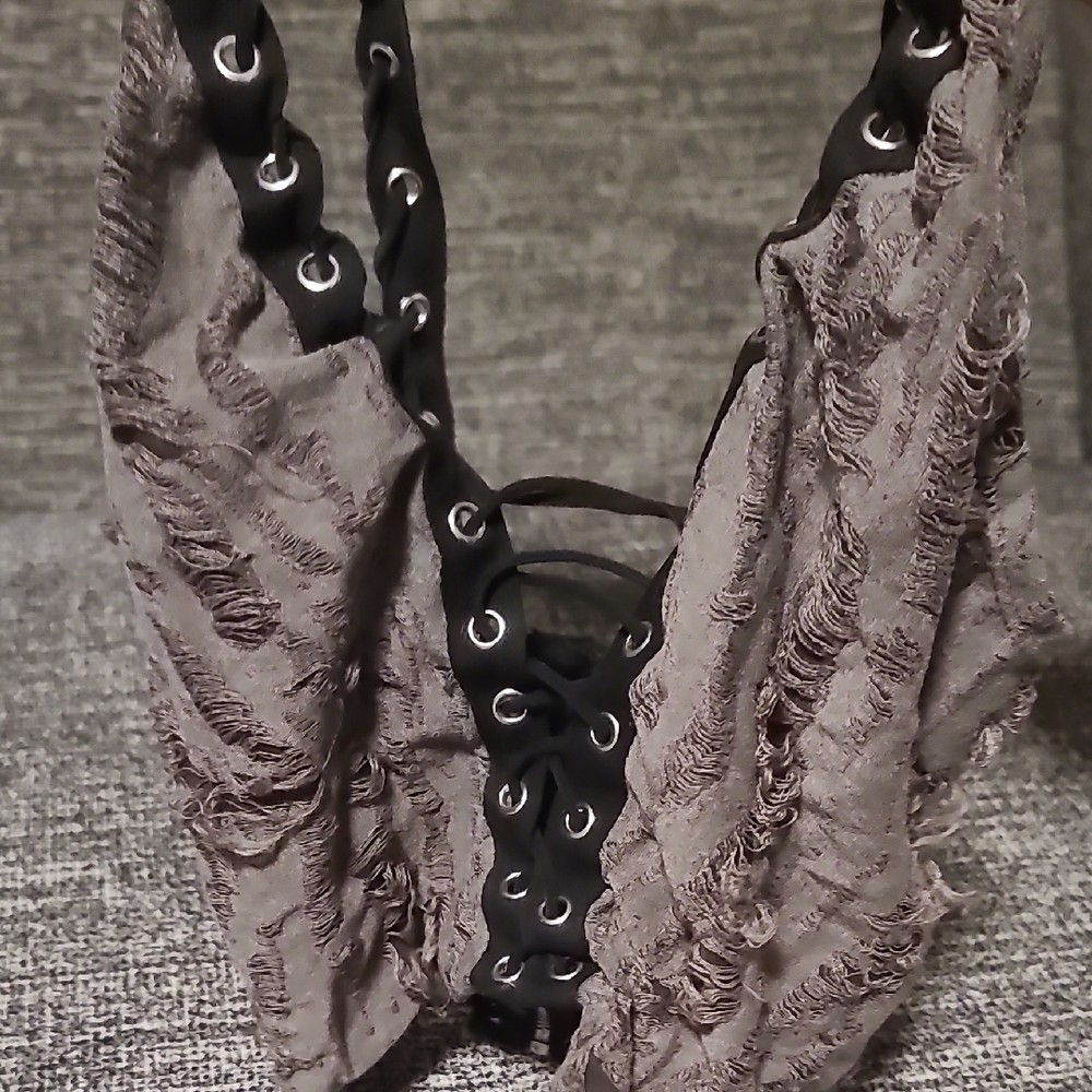 Gray Lace-Up Top with Eyelet Detail
